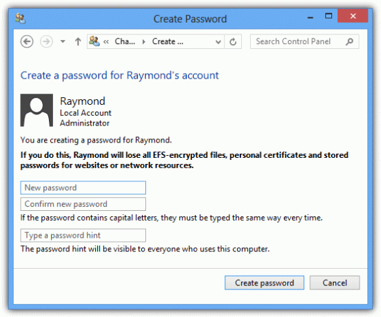 Создать пароль в Windows 8