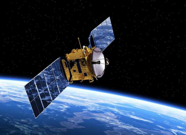 3d-модел на комуникационен сателит в орбита-земята