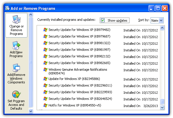 Fügen Sie Programme hinzu oder entfernen Sie Sicherheitsupdates für Windows XP