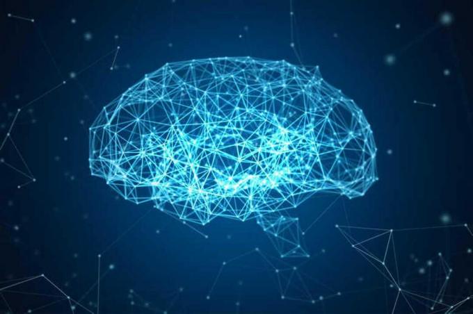 Données numériques et connexion réseau du cerveau humain isolées sur fond noir sous forme d'intelligence artificielle pour la technologie et le concept médical. Graphique de mouvement. Illustration abstraite 3D